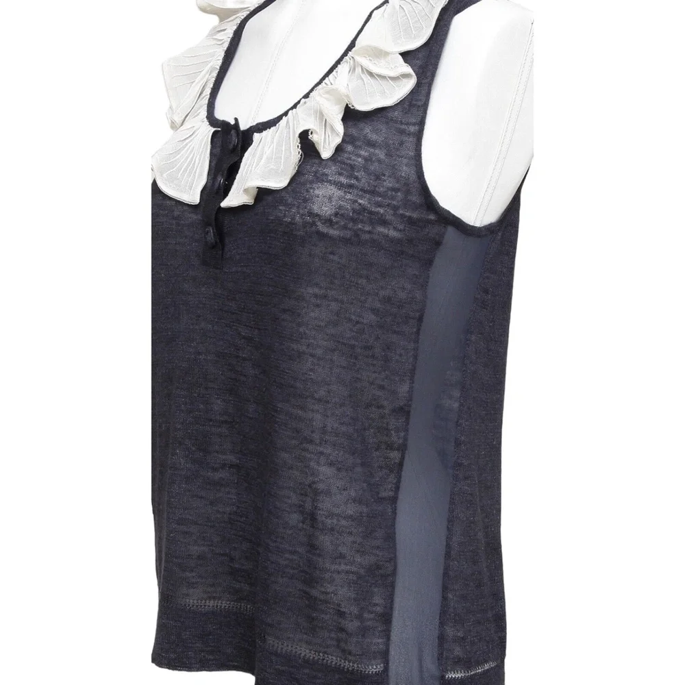 CHLOE Sleeveless Top Shirt Sleeveless Navy Ivory Ruffle Henley XS 2007 - Picture 4 of 9